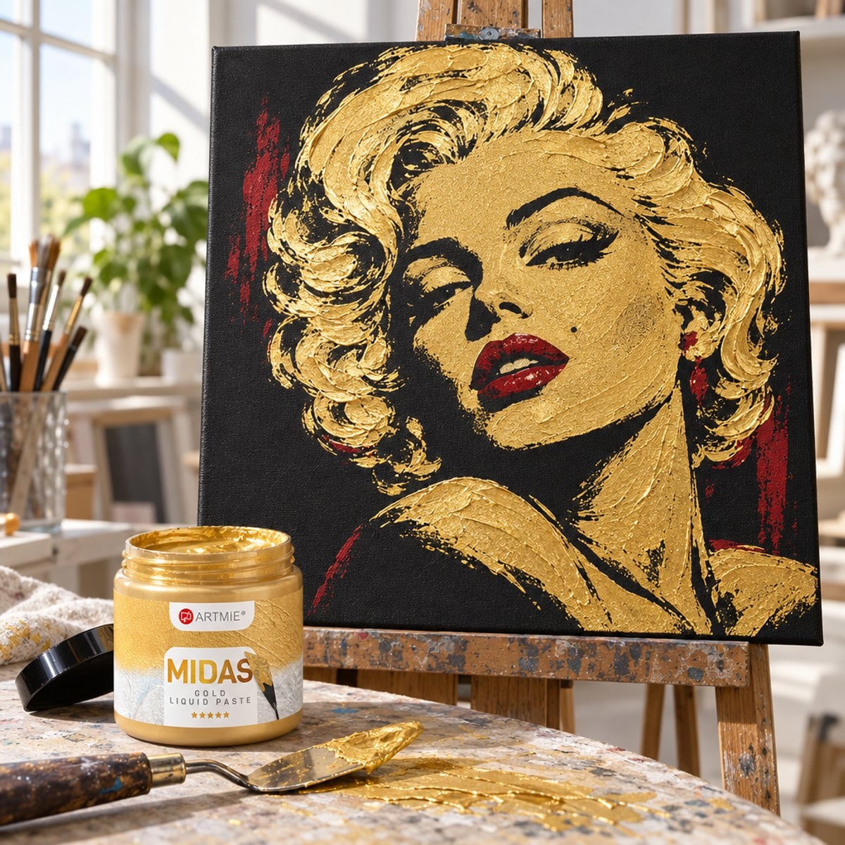 Портрет върху черно платно, рисуван със златна паста ARTMIE MIDAS и червена боя