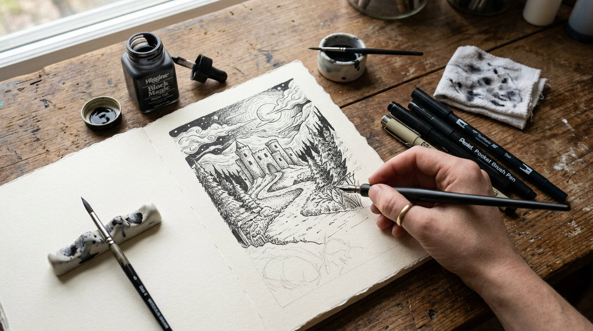 Inktober crtež tušem uz pomoć pera i tinte