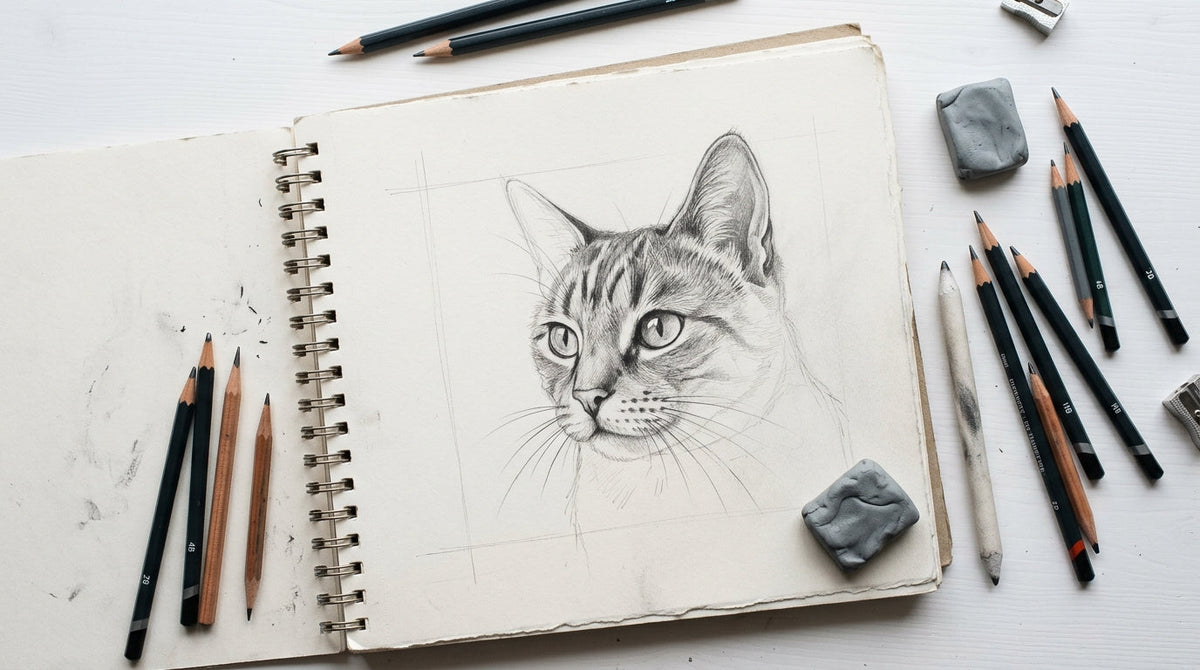 Скицник с рисунка на котка с молив в процес на работа