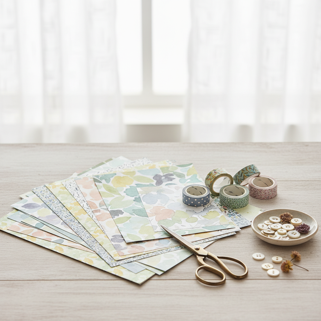 assorted scrapbooking paper and decorative tape