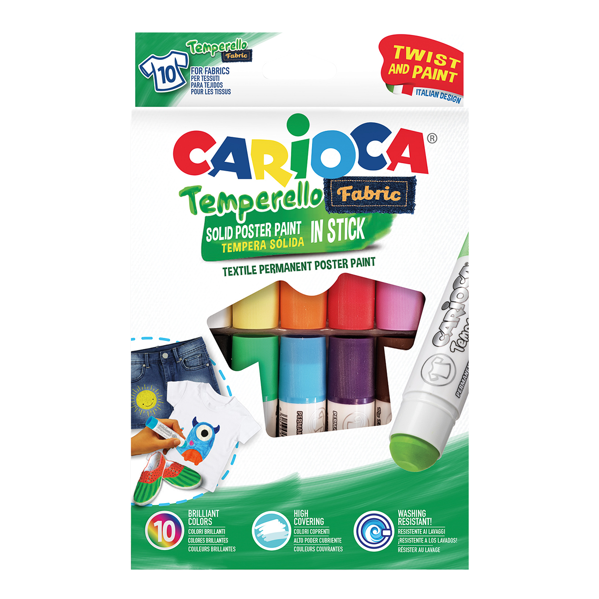 Carioca темперни бои за текстил в стик – комплект 10 бр.