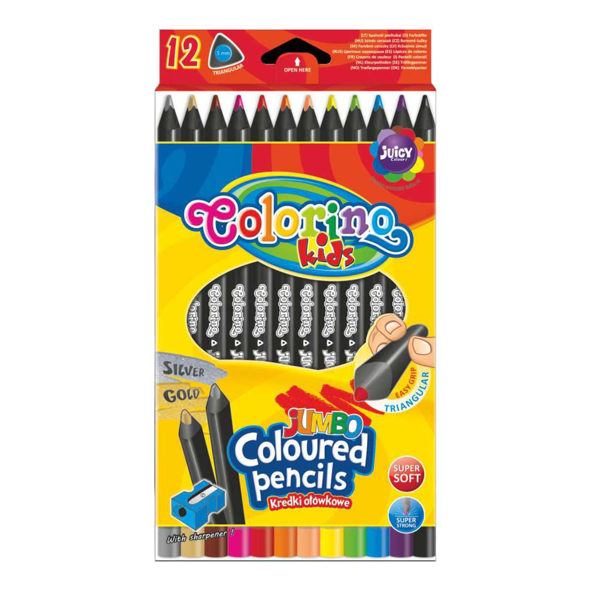 Триъгълни JUMBO цветни моливи Colorino от черно дърво с острилка - 12 цвята