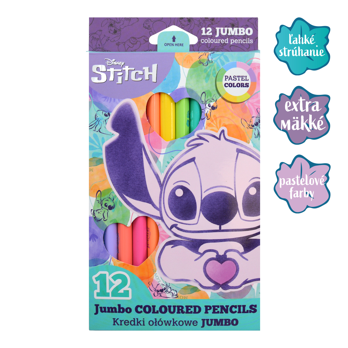 Триъгълни цветни моливи Colorino JUMBO Stitch Pastel, 12 пастелни цвята