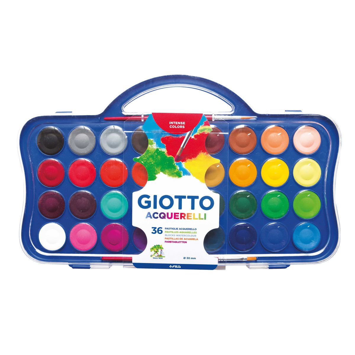 Акварелни бои GIOTTO Aquarelli диаметър 30 mm, 36 цвята с 2 четки