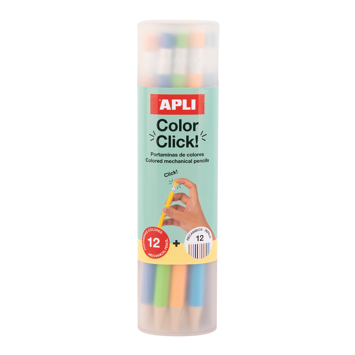 Автоматични цветни моливи APLI Color Click, 12 бр. с резервни графити и острилка