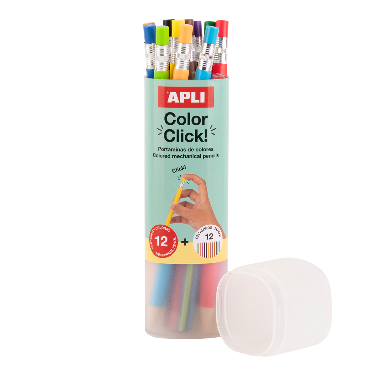 Автоматични цветни моливи APLI Color Click, 12 бр. с резервни графити и острилка