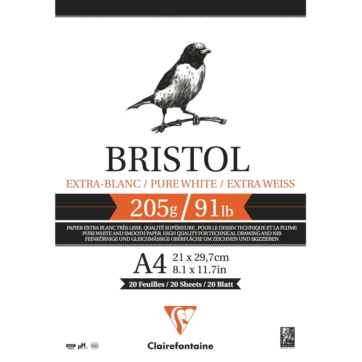 Блок за рисуване CLAIREFONTAINE Bristol 205 g/m² - 20 листа, A4 – A3
