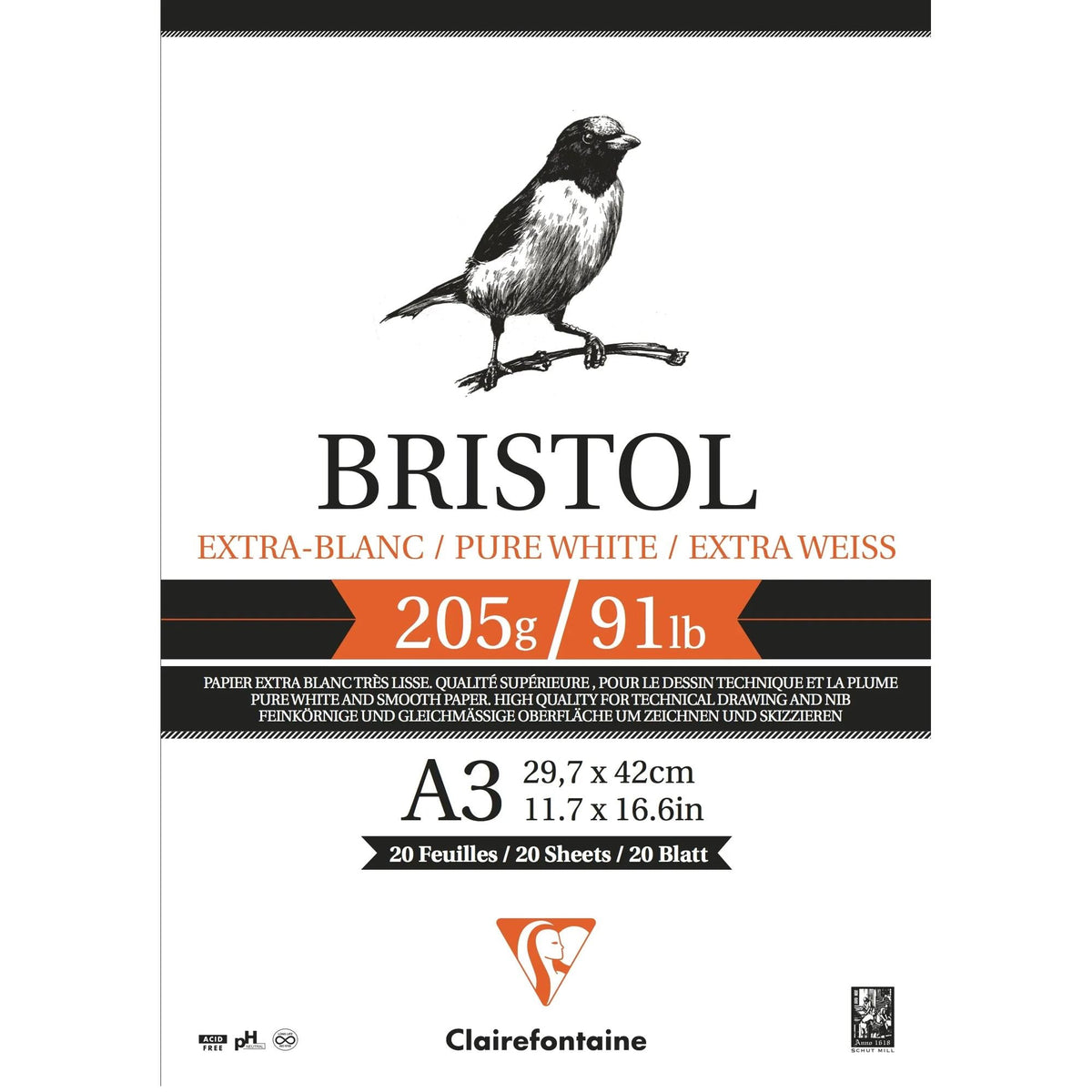 Блок за рисуване CLAIREFONTAINE Bristol 205 g/m² - 20 листа, A4 – A3