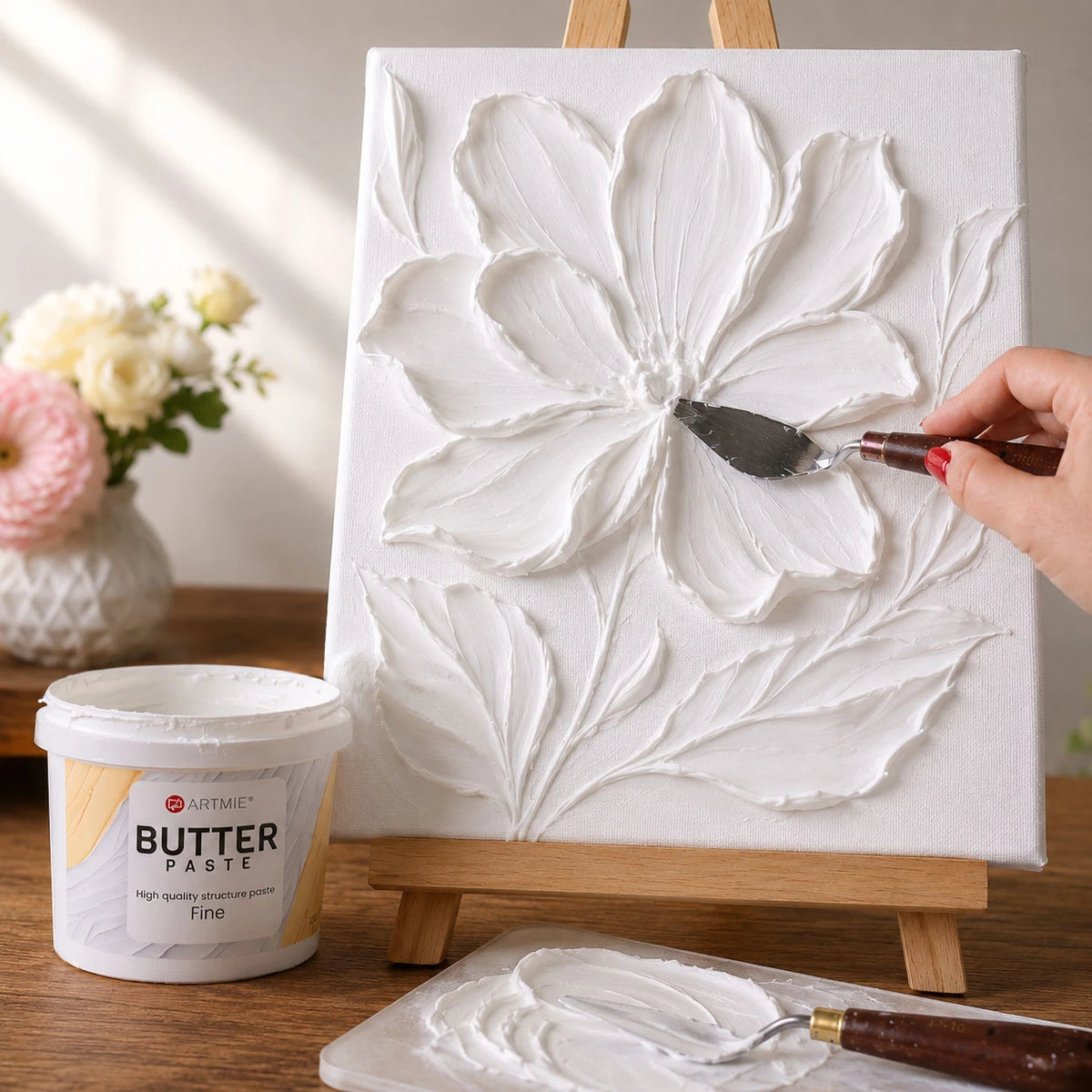 Флорална 3D релефна картина, изработена с текстурираща паста ARTMIE Butter Fine