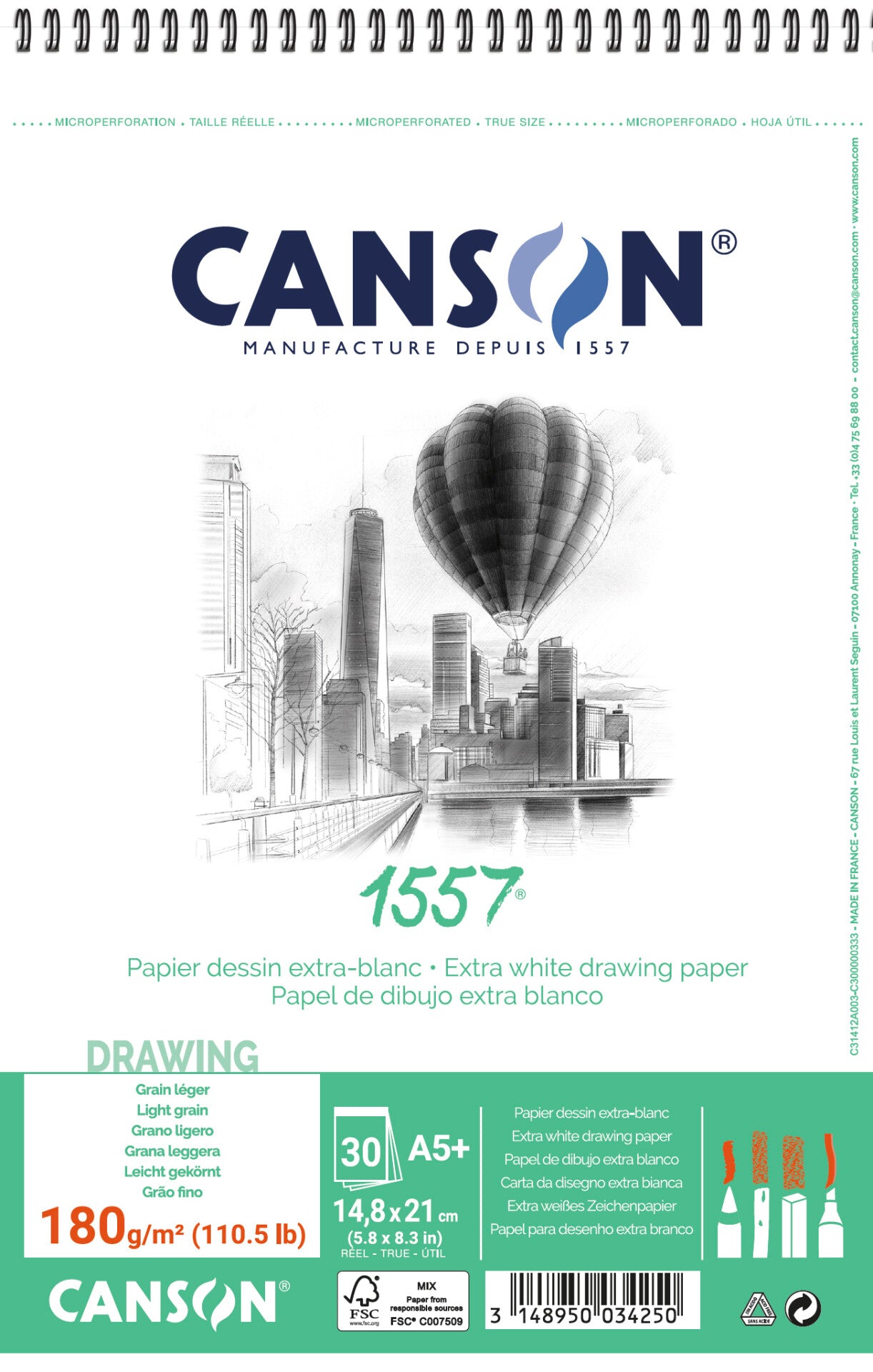 Скицник CANSON 1557 180 g/m² A5 30 листа, със спирала