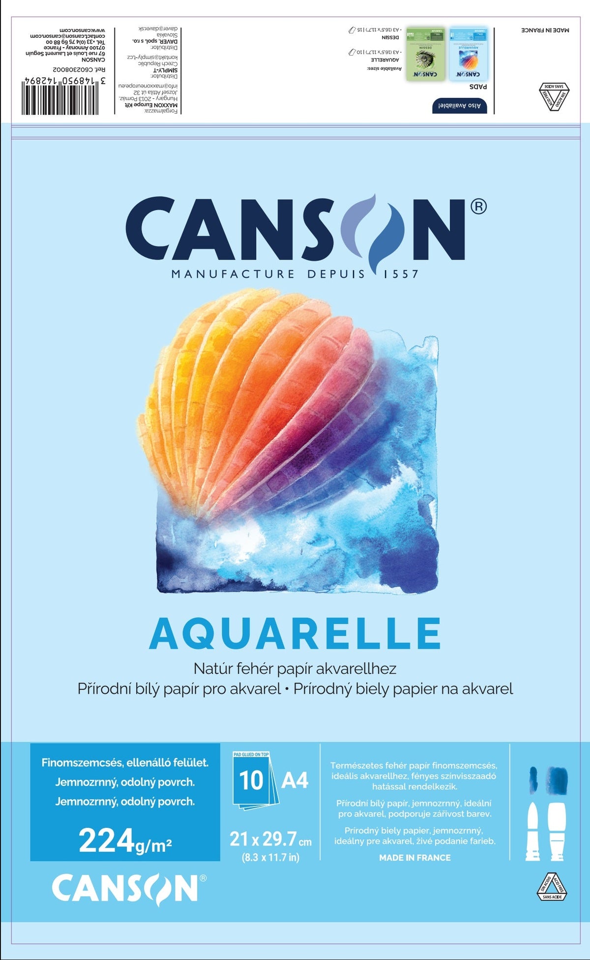 Canson акварелен блок CP 224 g/m² 10 листа A4 лепен