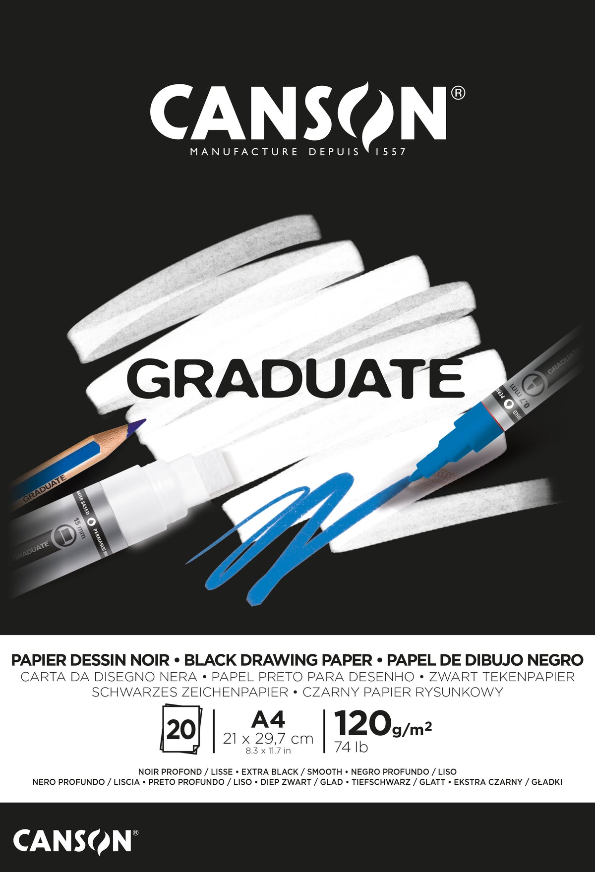 Canson Graduate черен скицник 120 g/m² A4 с лепени страници - 20 листа