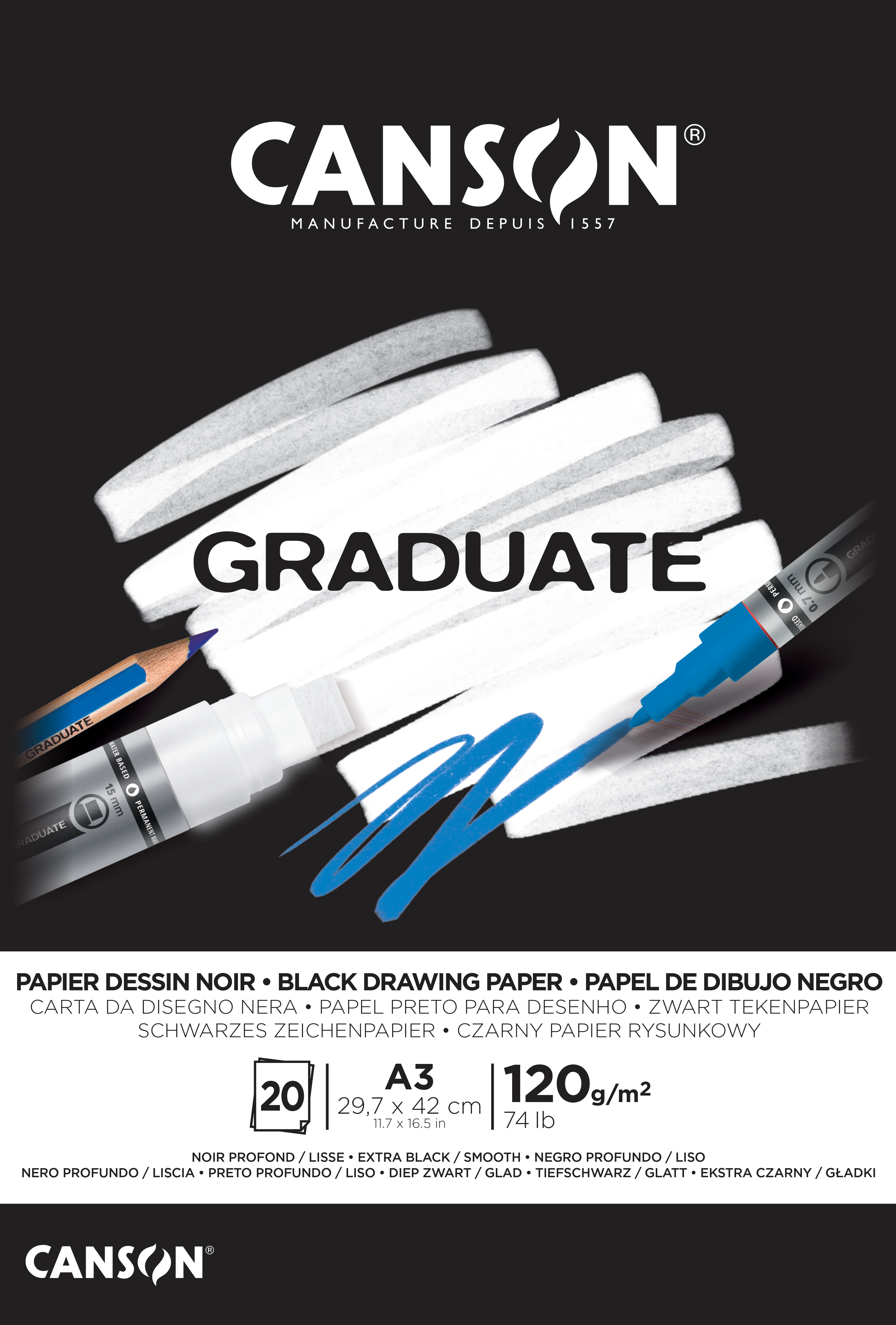 Черен скицник CANSON Graduate 120 g/m² A3 - 20 листа, с лепени страници