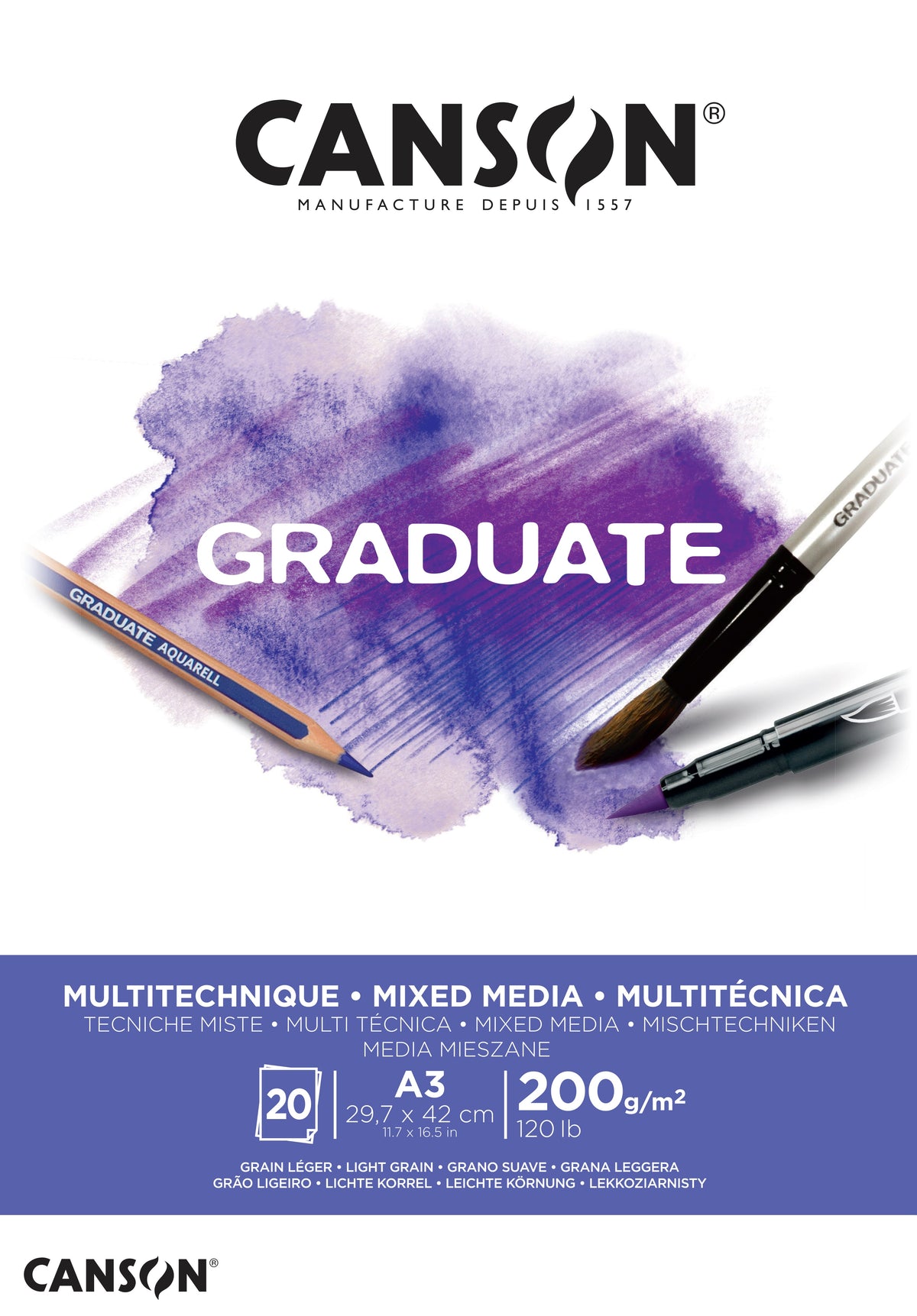 Canson Graduate Mix Media блок бял 200 g/m² - 20 листа, A3, лепен
