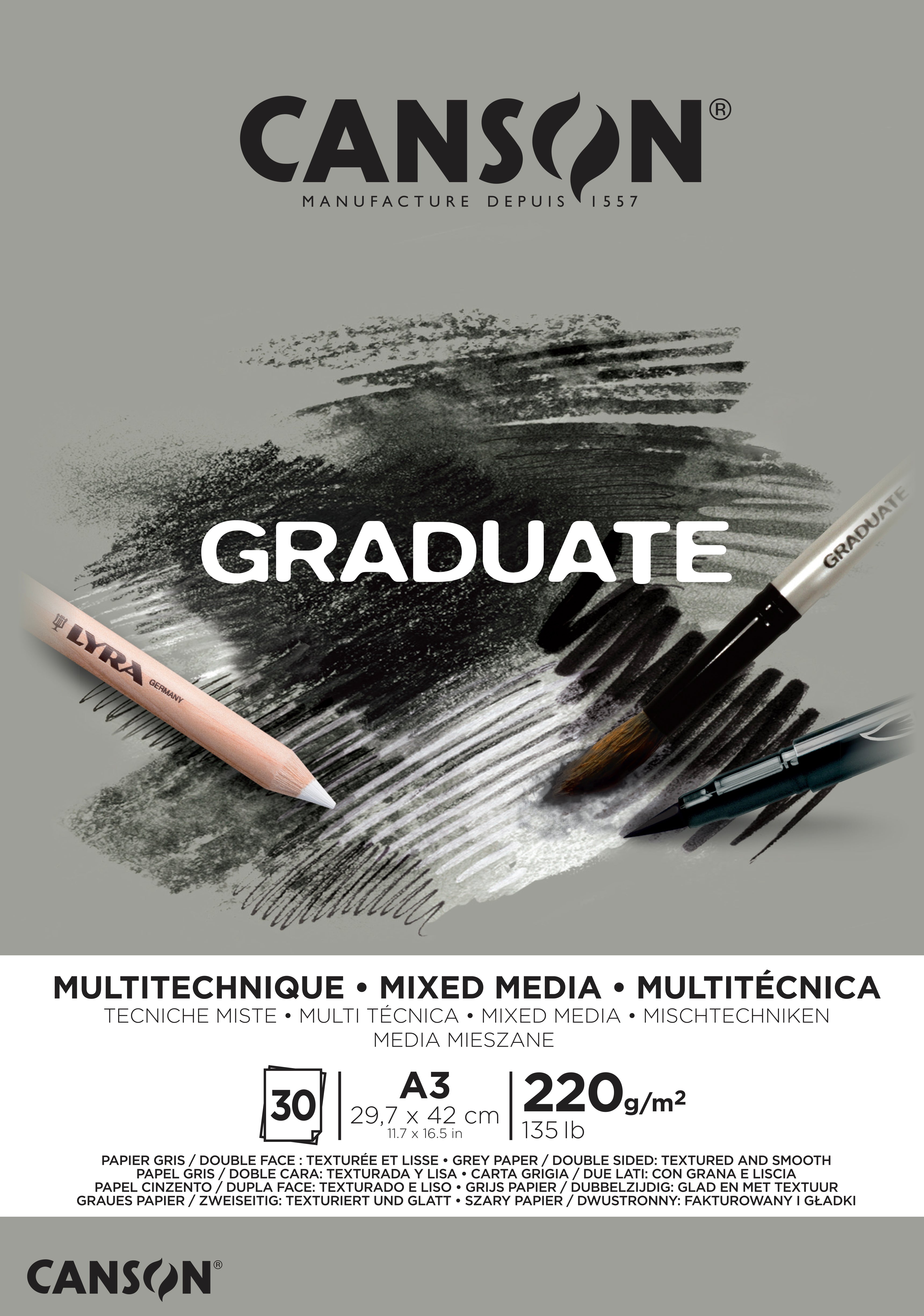 CANSON Graduate Mix Media сив скицник 220 g A3, 30 листа, лепен