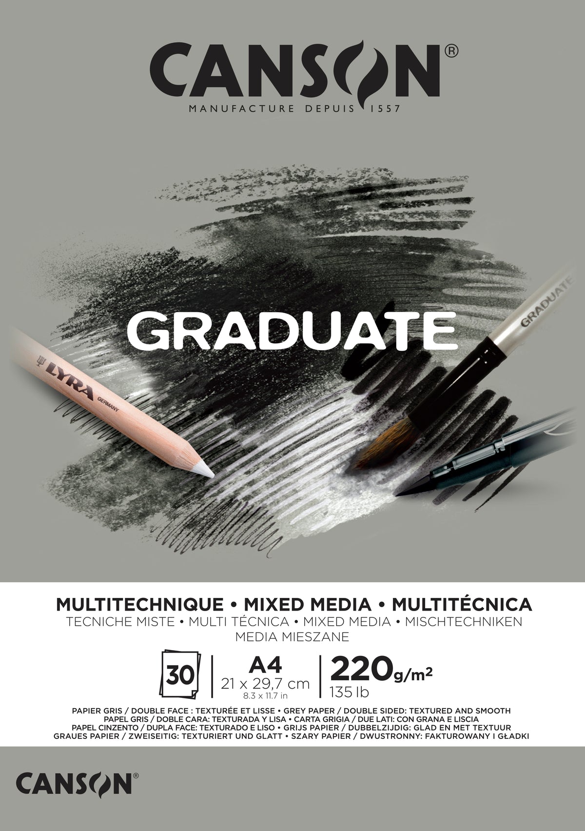 Скицник Canson Graduate Mix Media Grey 220 g/m² - 30 листа, A4, лепен