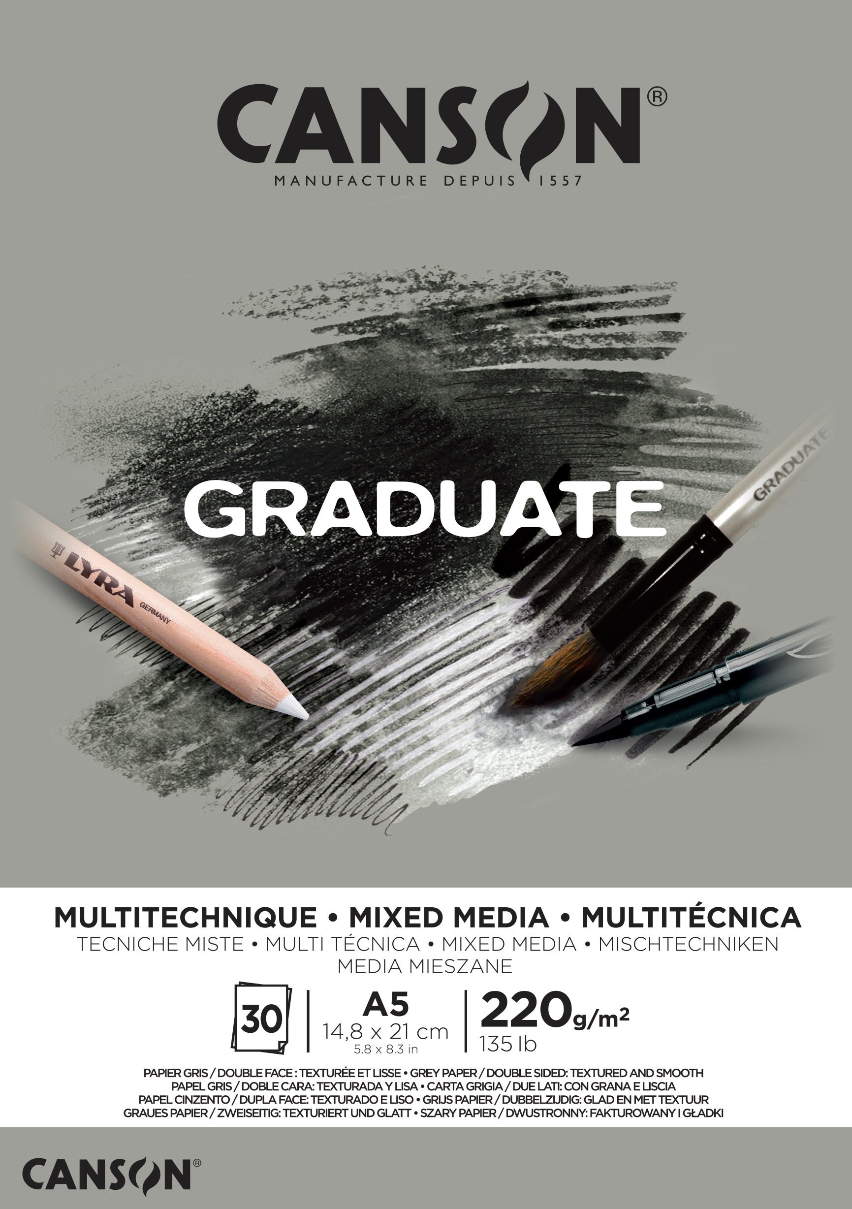 CANSON Graduate Mix Media скицник сив 220 g A5 - 30 листа залепен