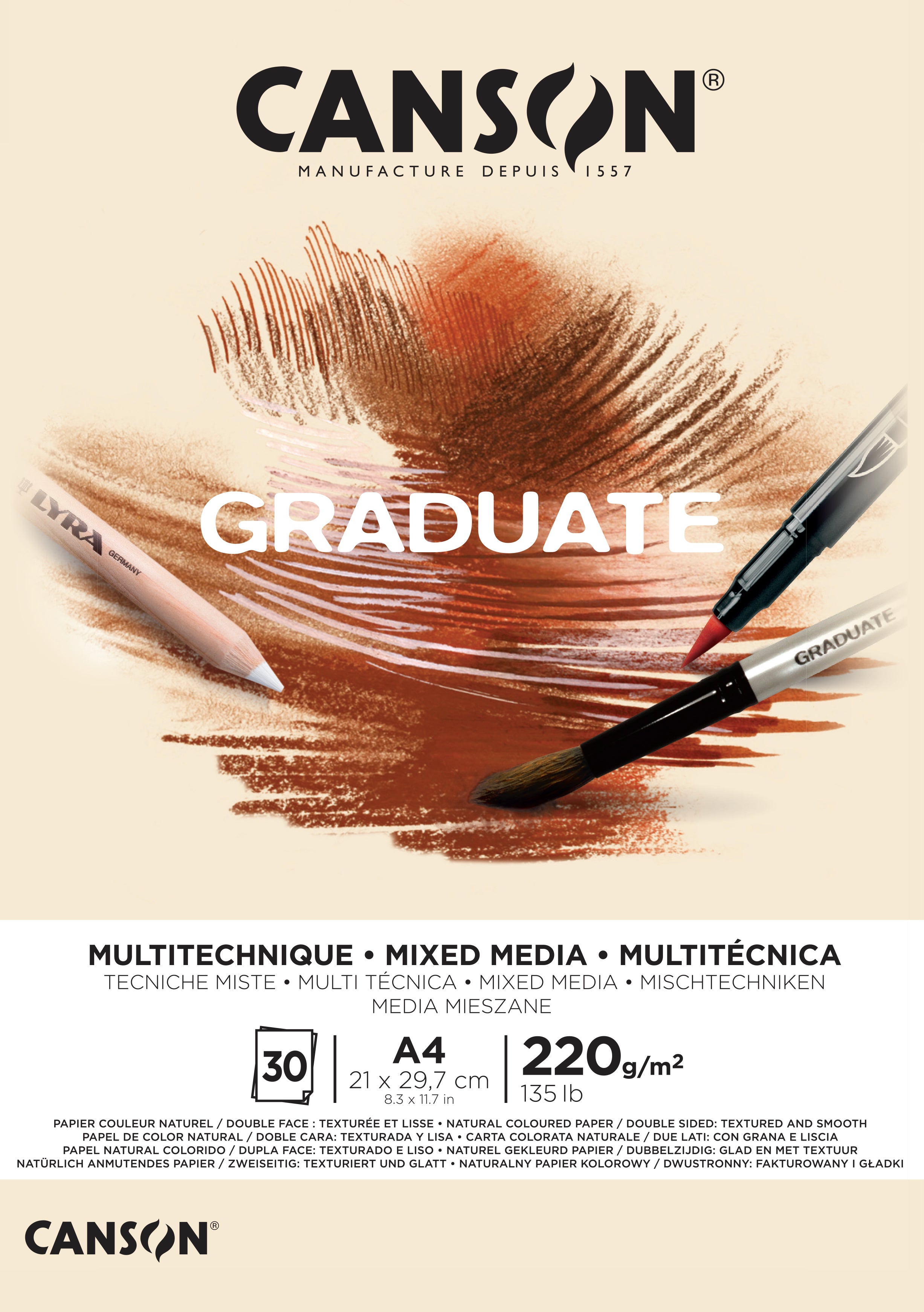 Canson Graduate Mix Media блок Natural 220 g 30 листа A4 лепен