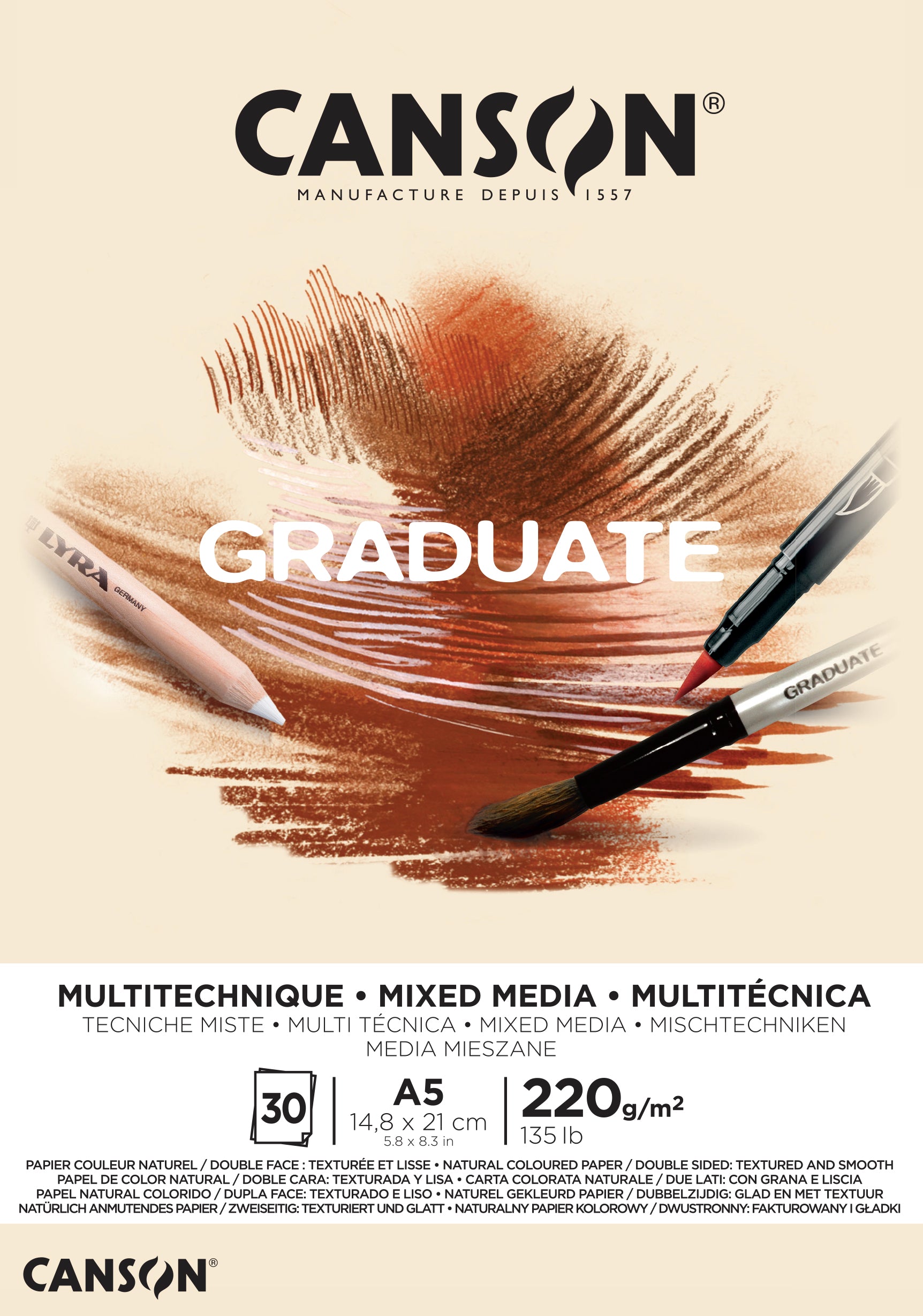 Скицник Canson Graduate Mix Media Natural 220 g 30 листа A5 лепен