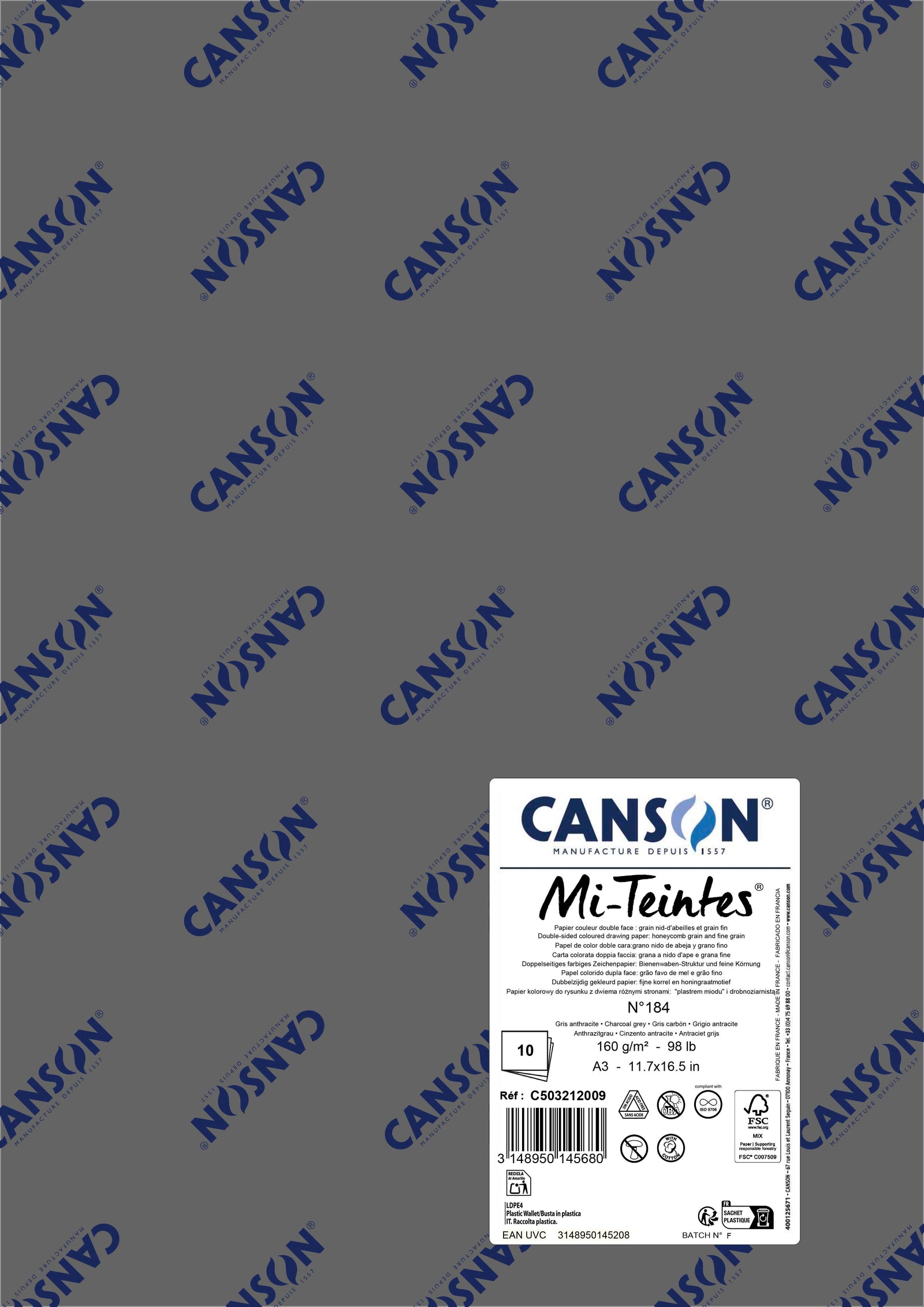 Хартия за пастел Canson Mi-Teintes A3 160 g - 10 листа – Графитено сиво 184