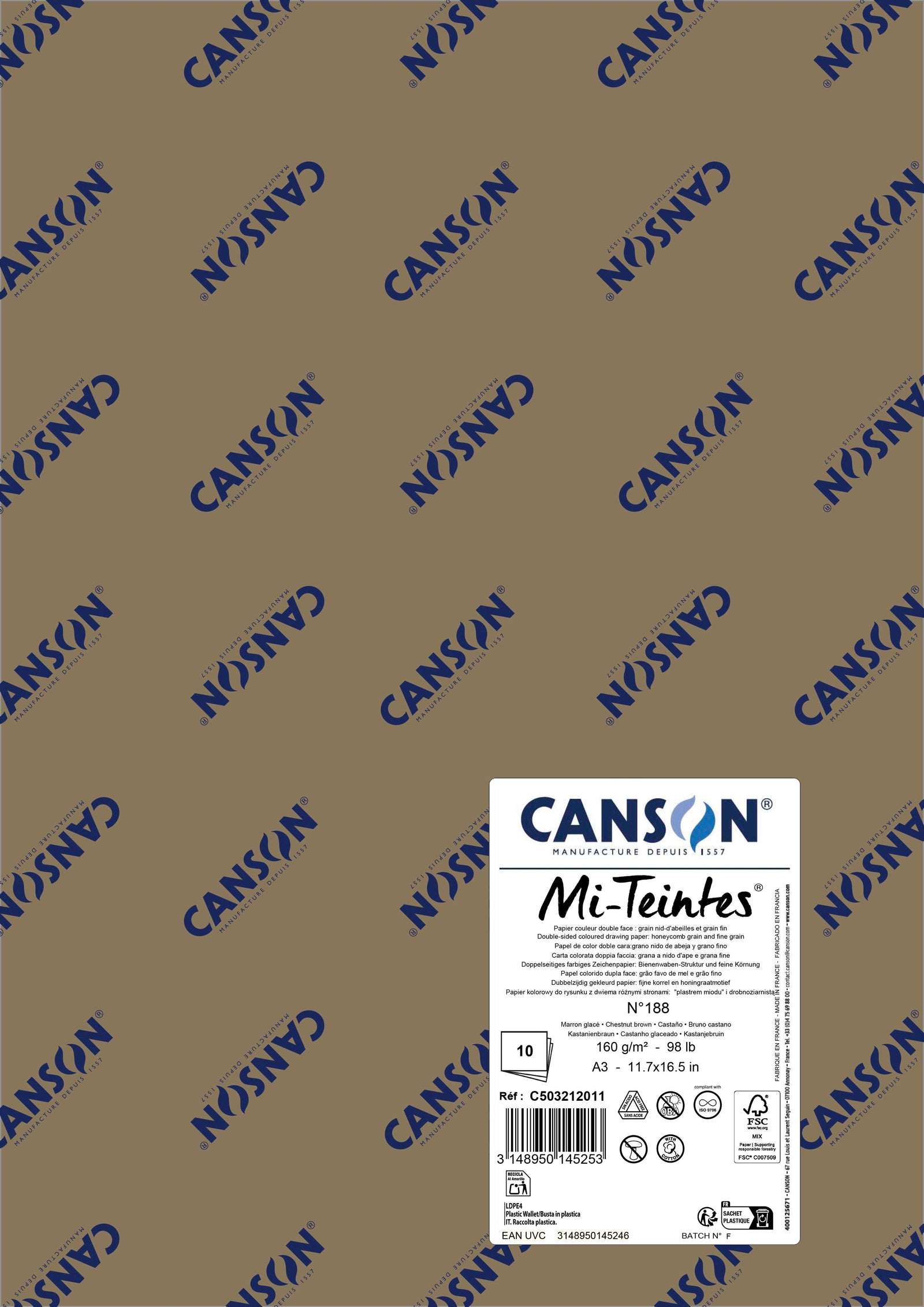 Хартия за пастел Canson Mi-Teintes A3 160 g - 10 листа – Кестеняво кафяво 188