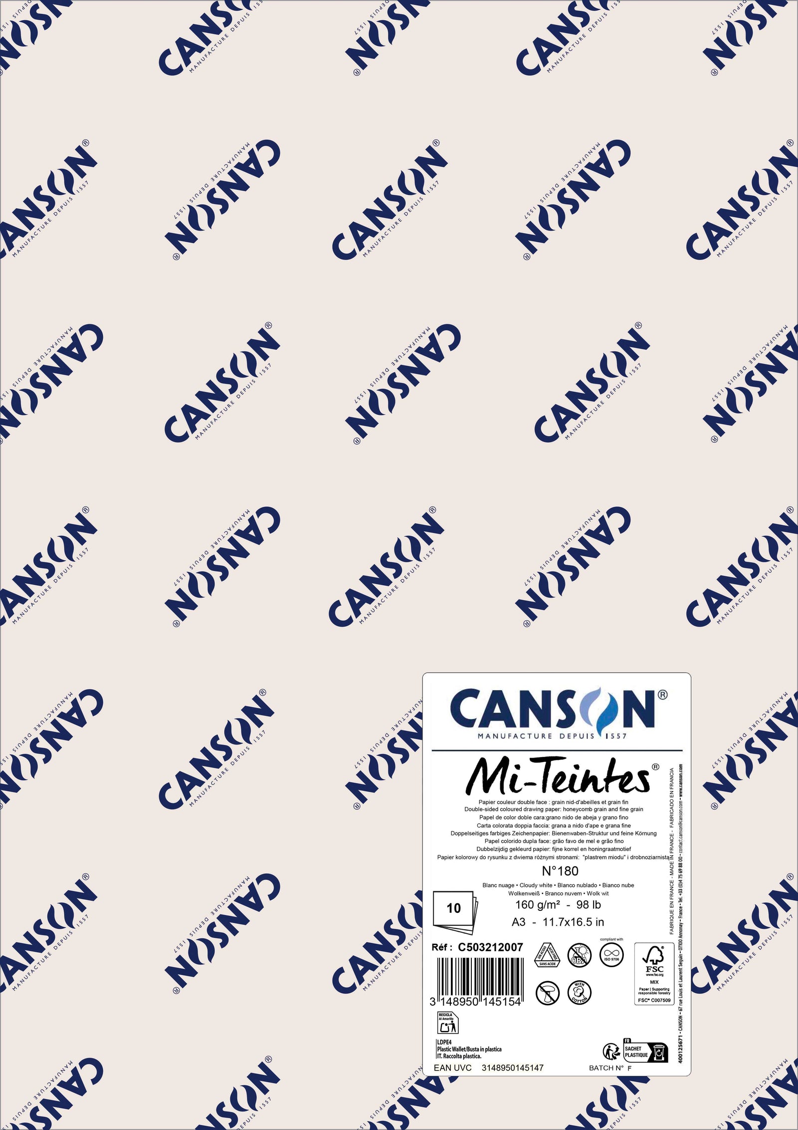 Хартия за пастел Canson Mi-Teintes A3 160 g - 10 листа – Облачно бяло 180