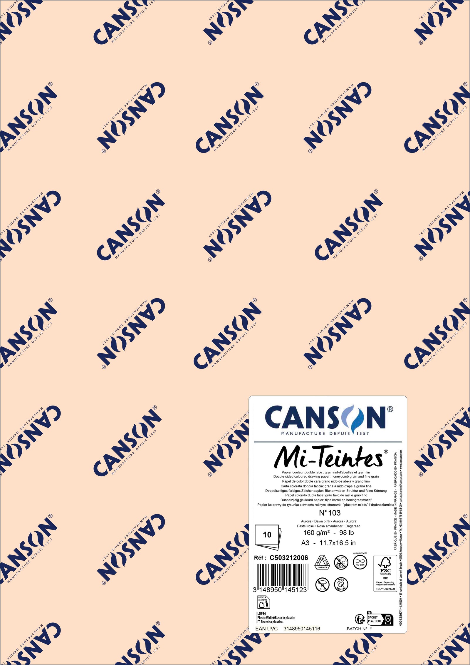Хартия за пастел Canson Mi-Teintes A3 160 g - 10 листа – Зора розово 103