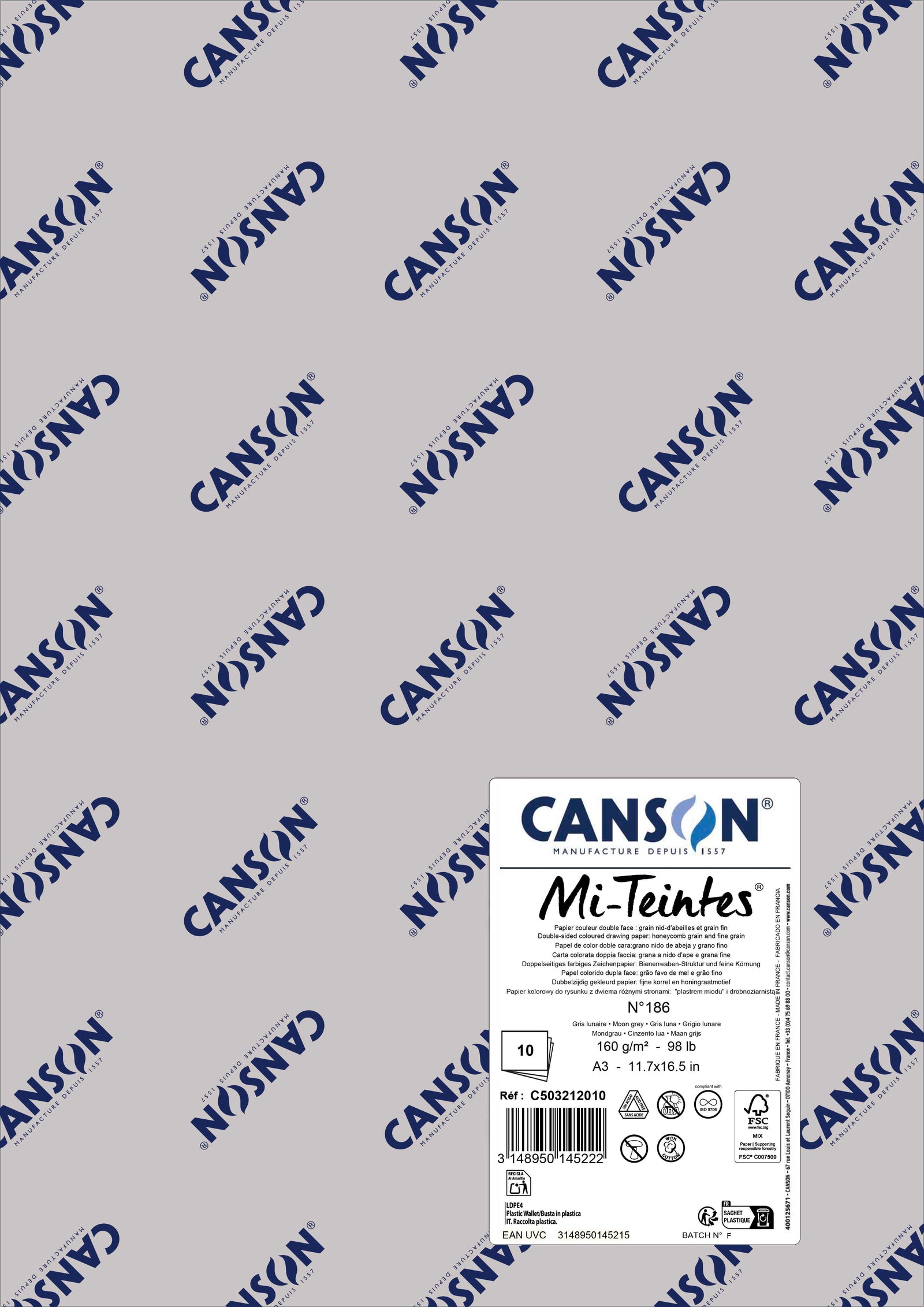 Хартия за пастел Canson Mi-Teintes A3 160 g - 10 листа – Луненосиво 186