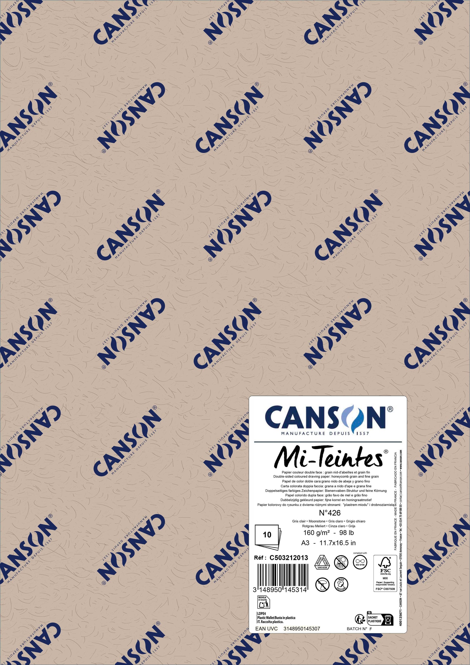 Хартия за пастел Canson Mi-Teintes A3 160 g - 10 листа – Лунен камък 426