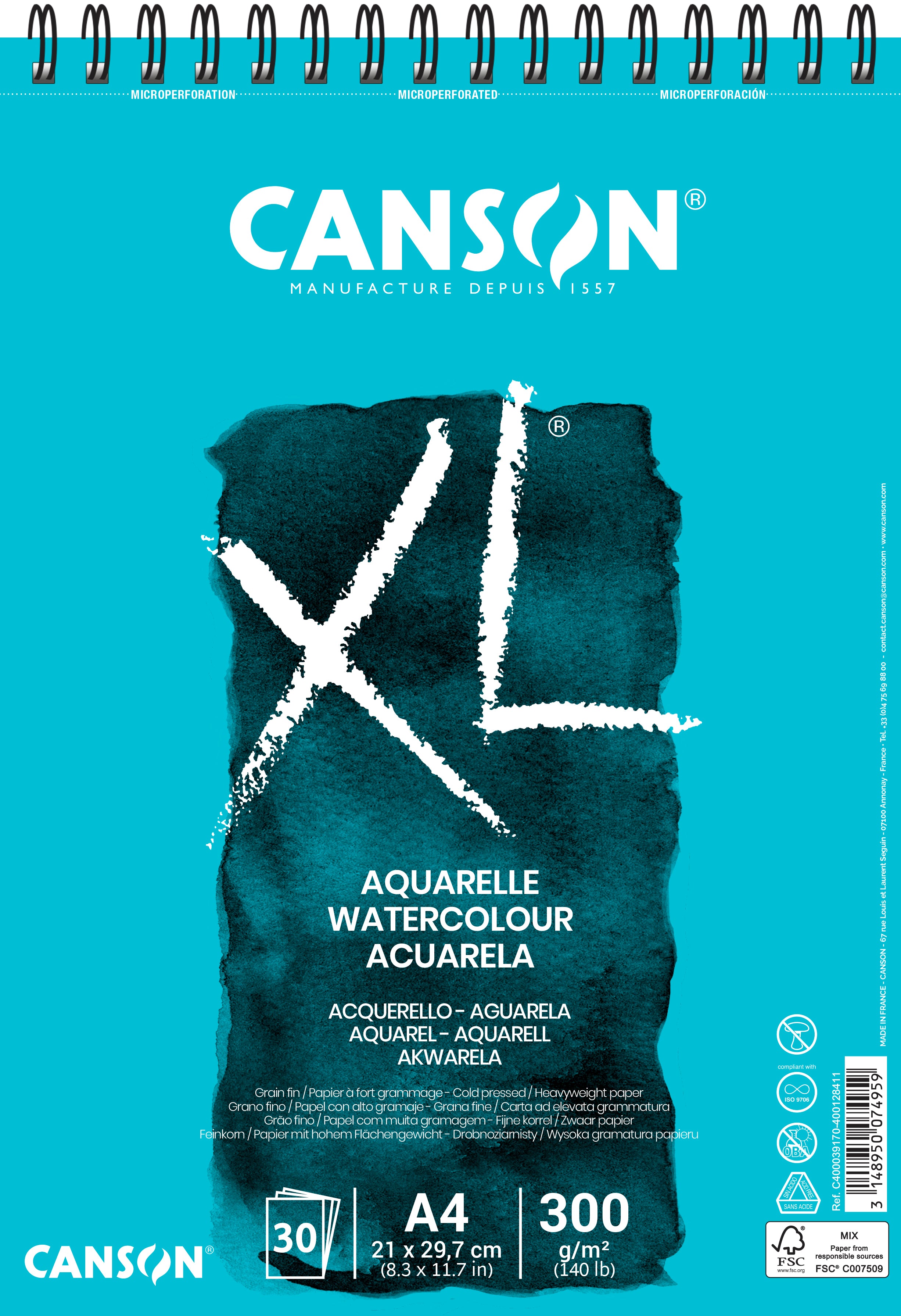Canson XL акварелен блок CP White 300 g/m² - 30 листа, A4, спирала