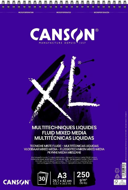 Canson XL Fluid Mix Media блок 250 g/m², 30 листа, A3, спирална подвързия