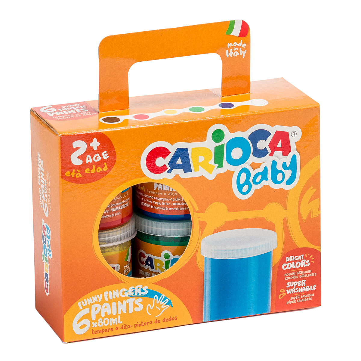 Carioca бои за рисуване с пръсти Baby 2+, хартиено куфарче, 6 × 80 ml