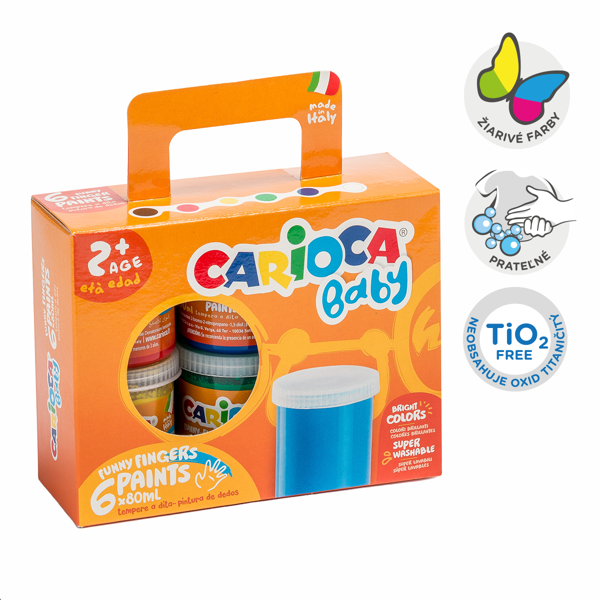 Carioca бои за рисуване с пръсти Baby 2+, хартиено куфарче, 6 × 80 ml