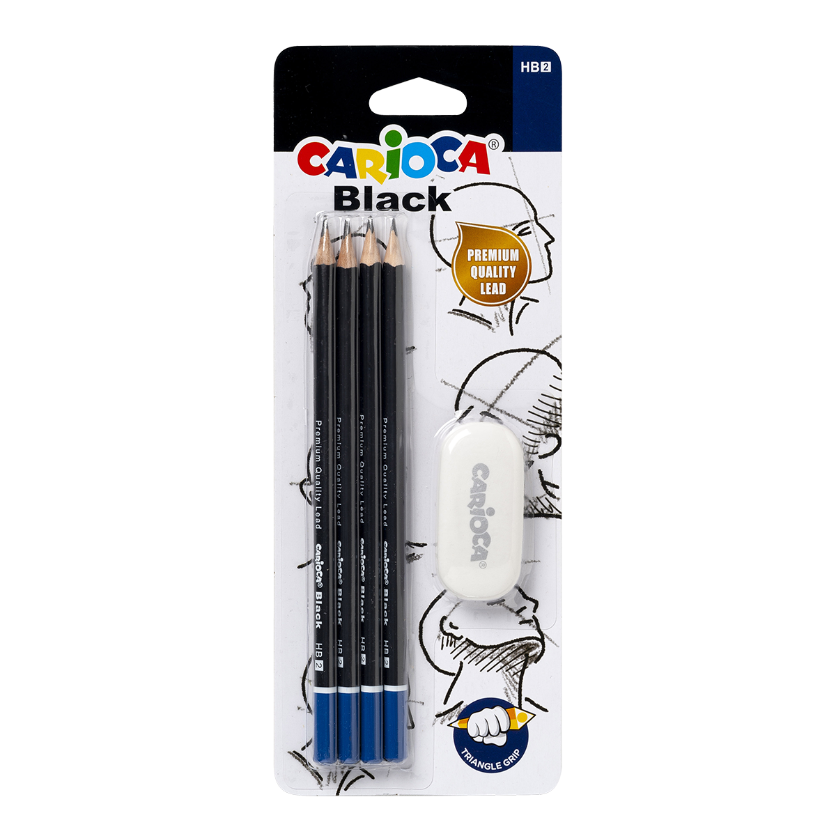Carioca комплект триъгълни моливи Black 2/HB с гума, 4 бр.