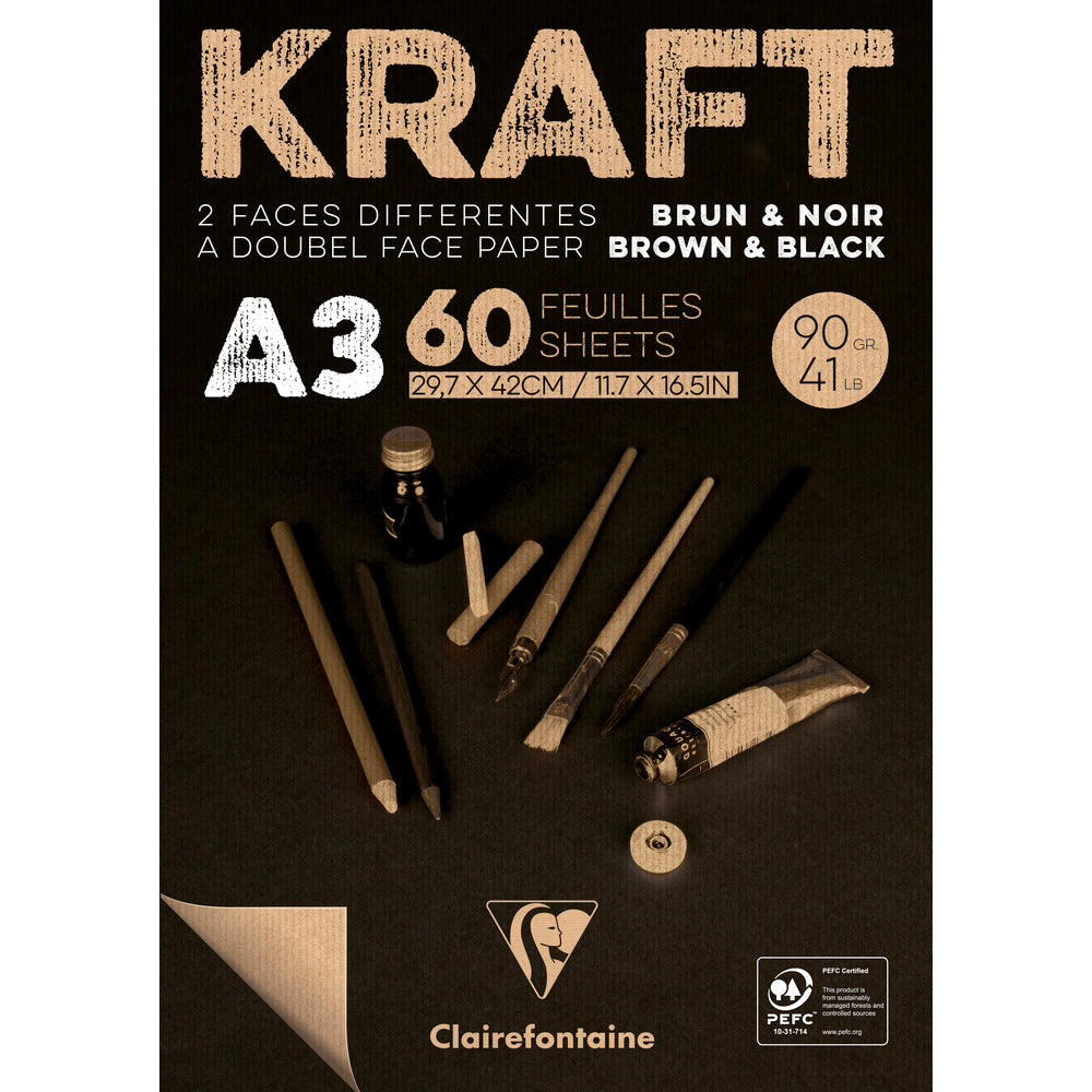 Clairefontaine крафт скицник с лепена подвързия – 90 g 60 л. A3 кафяво и черно