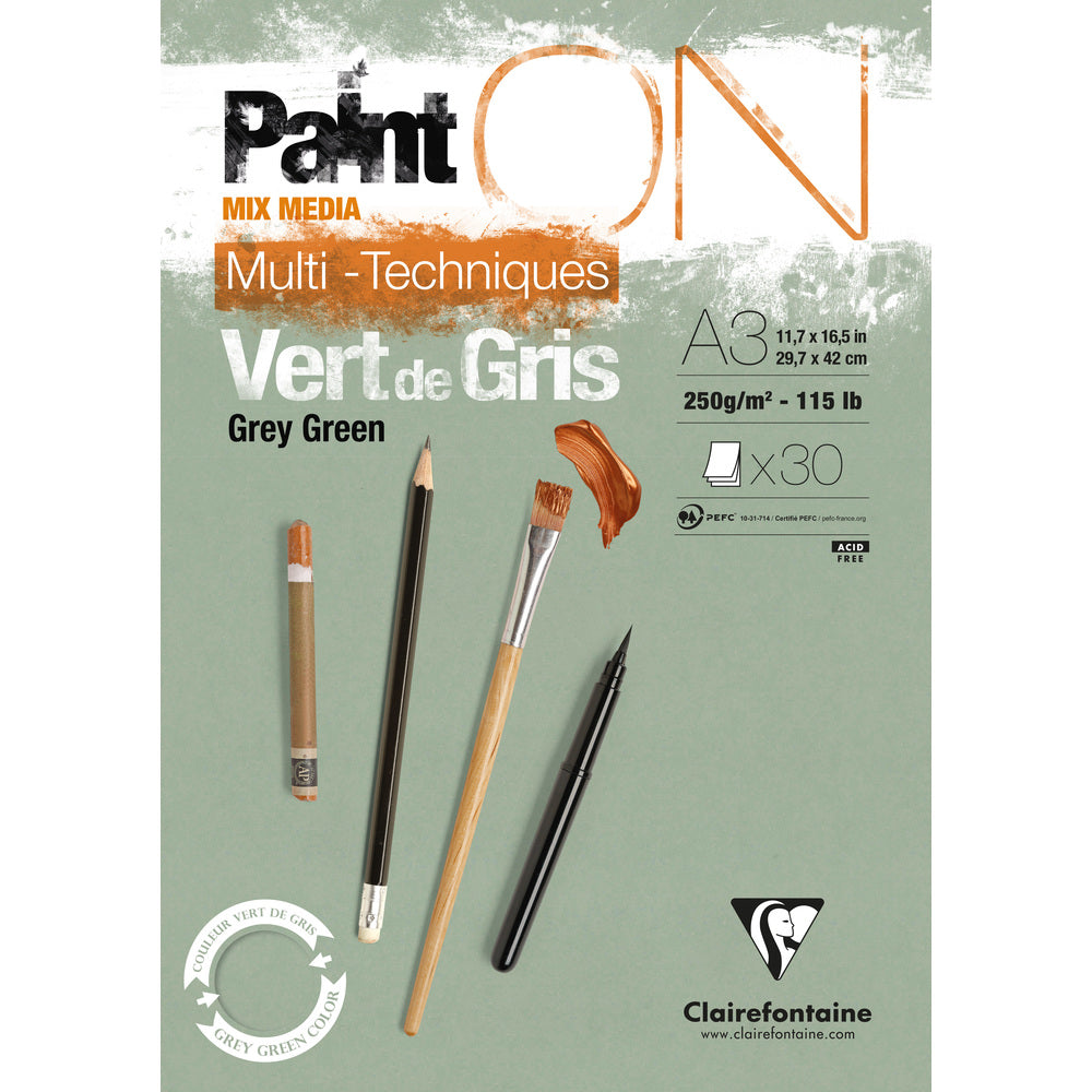Clairefontaine Paint'On Mix Media лепен скицник 250 g – 30L A3 Сивозелено