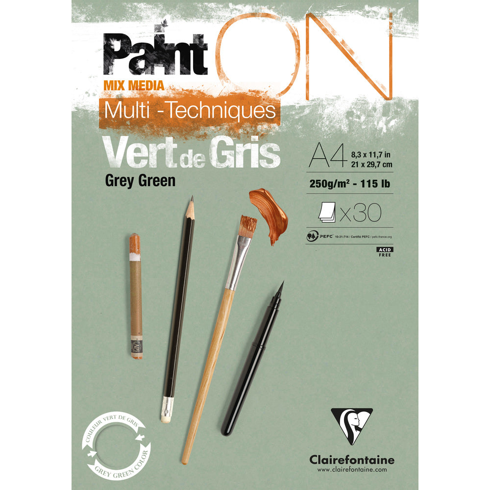 Clairefontaine Paint'On Mix Media лепен скицник 250 g – 30L A4 Сивозелено