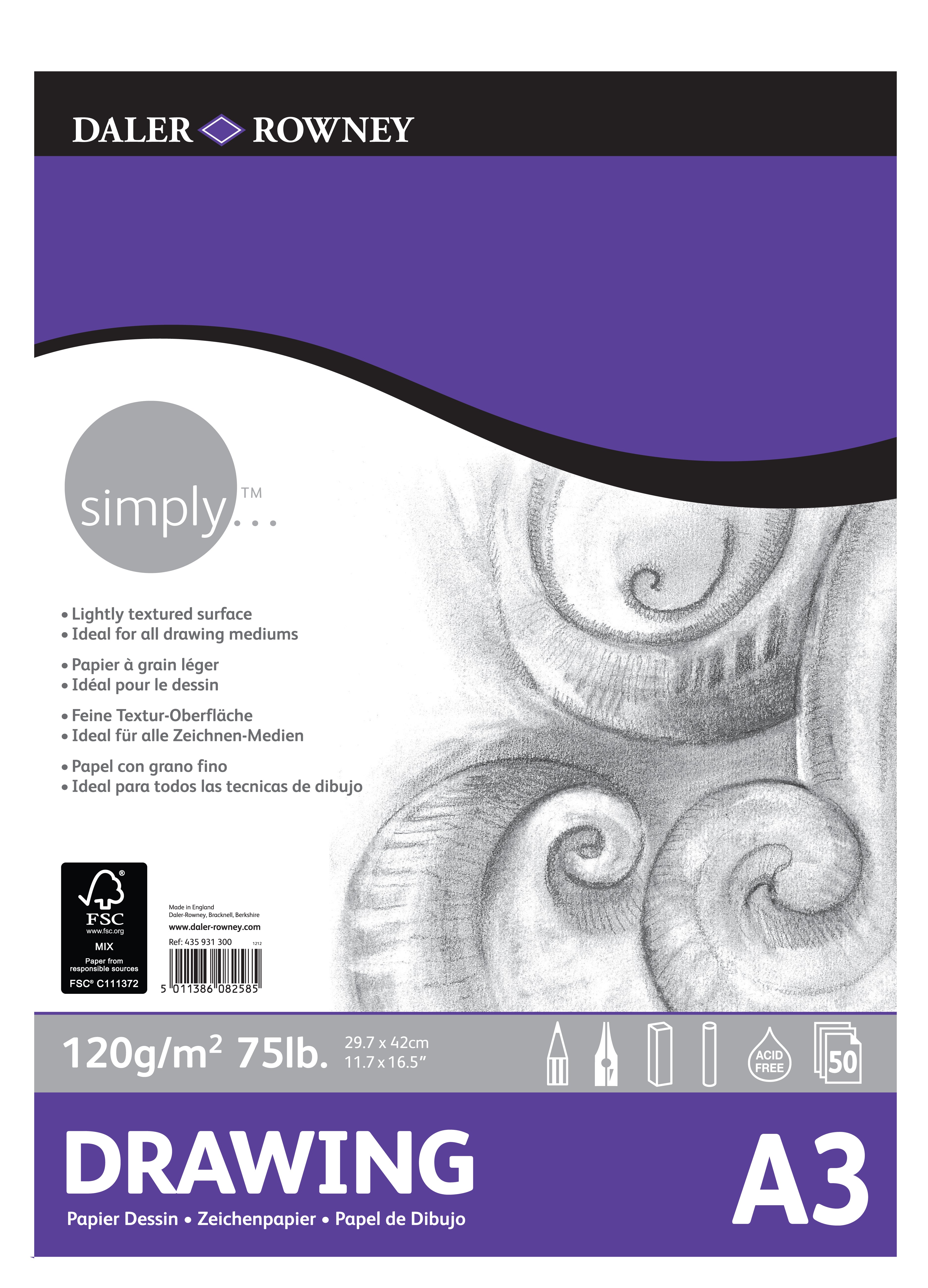 Скицник DALER ROWNEY Simply A3, 120 g, 50 листа лепен