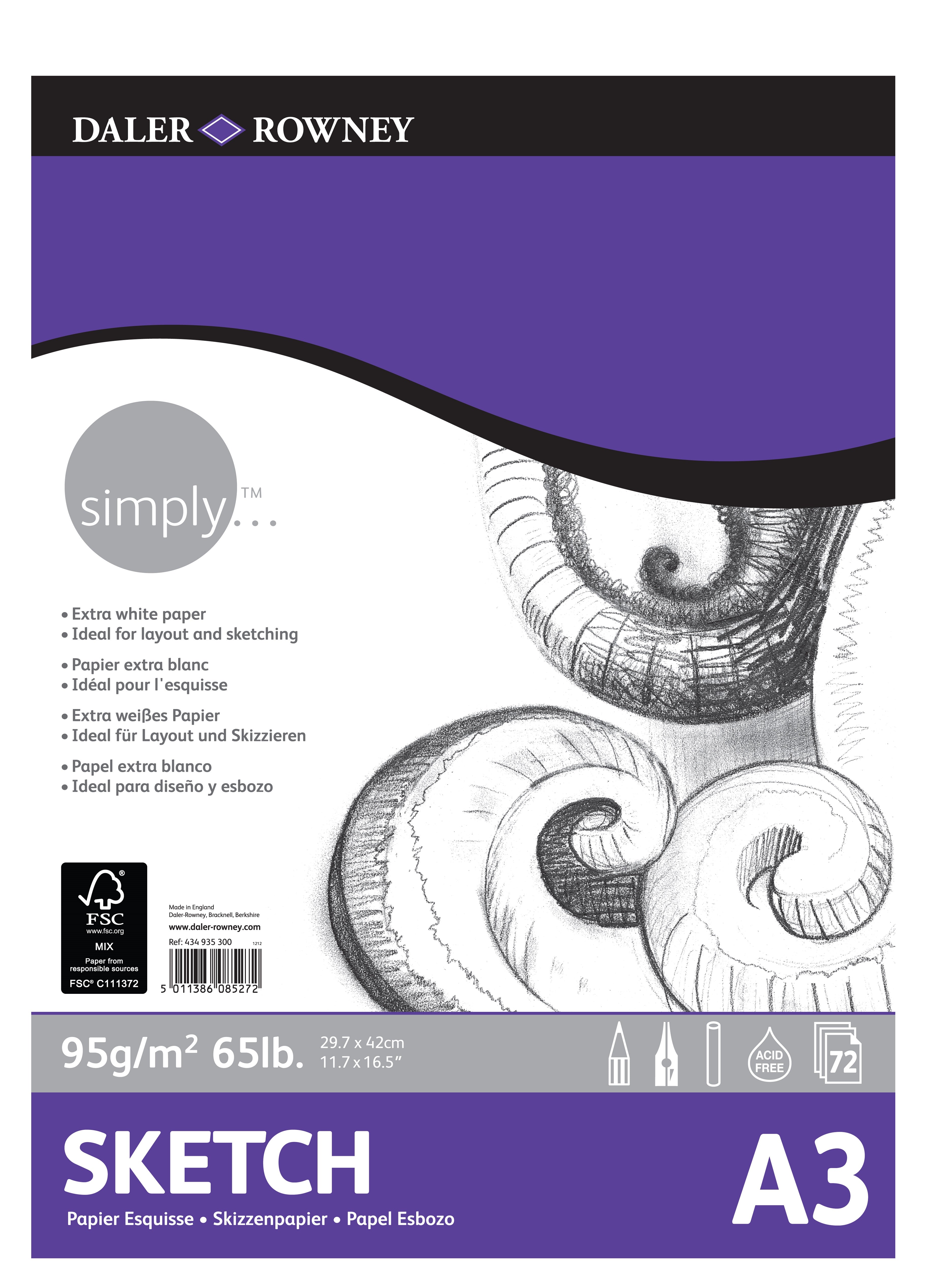 DALER ROWNEY Simply скицник за скициране A3 95 g 72L с лепен гръб