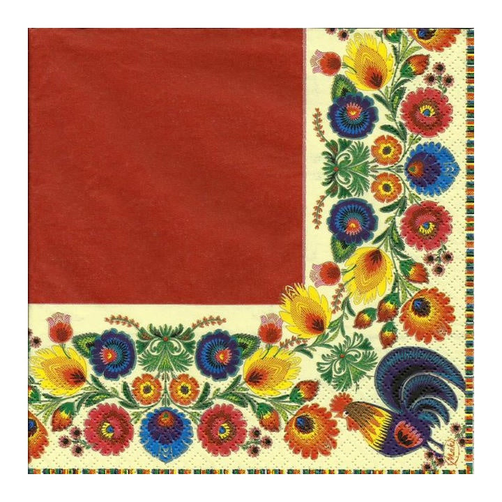 Еко салфетка за декупаж Folk Cocks Red & Cream - 1 брой — изображение 1