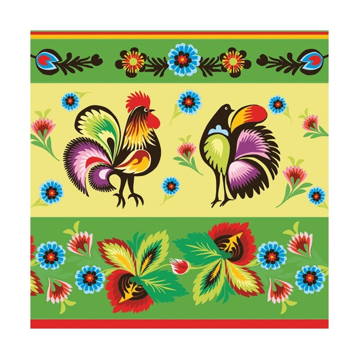 Еко салфетки за декупаж Folklore Roosters Green & Cream - 1 брой — изображение 1