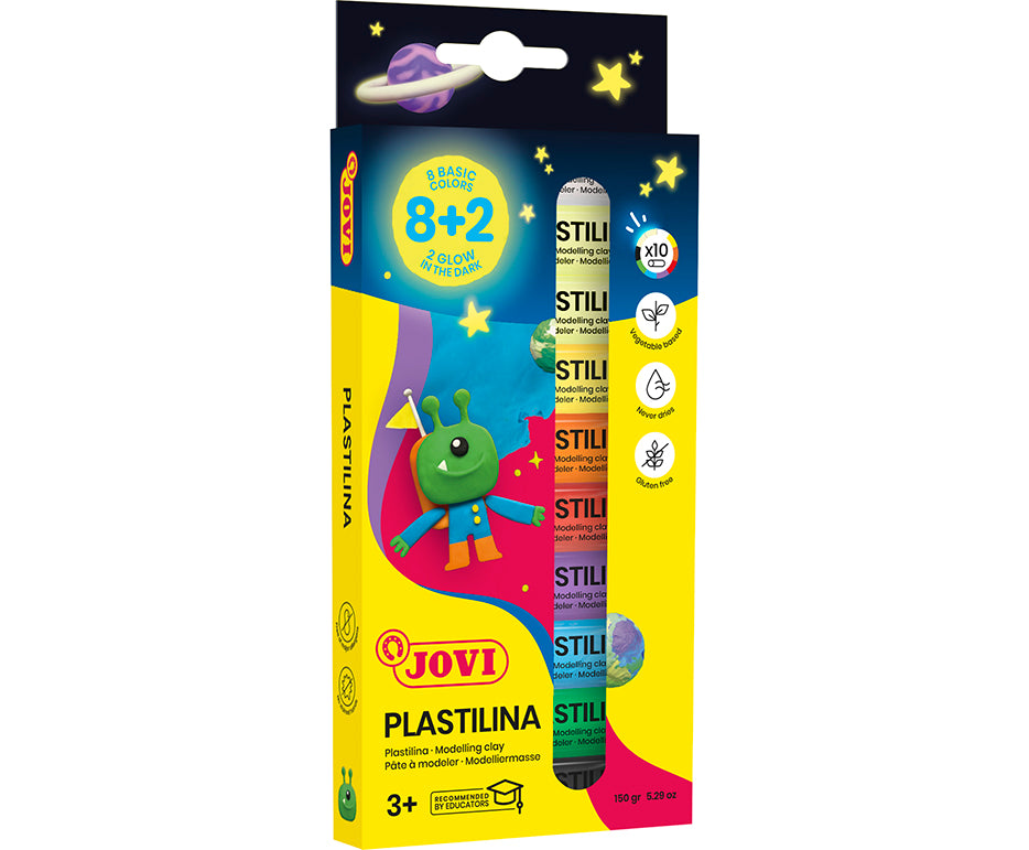 JOVI Glow натурален пластилин 10 x 15 g – 8 цвята + 2 светещи на тъмно