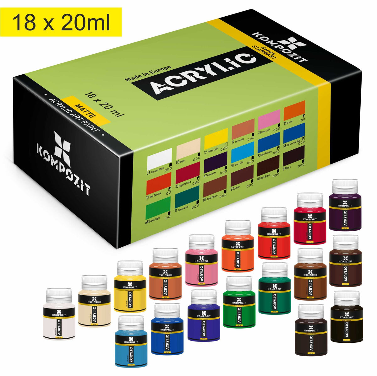 Комплект 18 акрилни бои Kompozit STANDART 18 x 20 ml