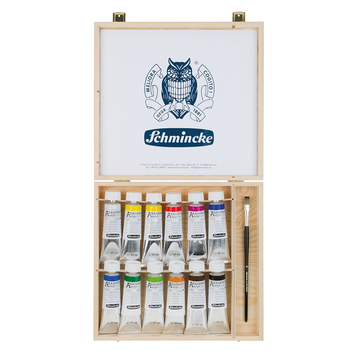 Комплект акрилни бои и четка в дървена кутия Schmincke AKADEMIE 12 x 60 ml — изображение 1