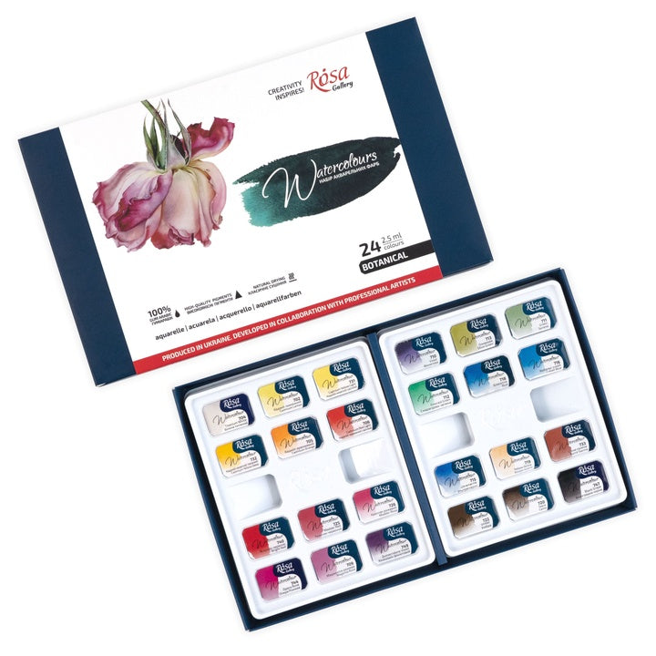 Комплект акварелни бои "Botanical", 24 цвята, цели блокчета, картон, ROSA GALLERY — изображение 2