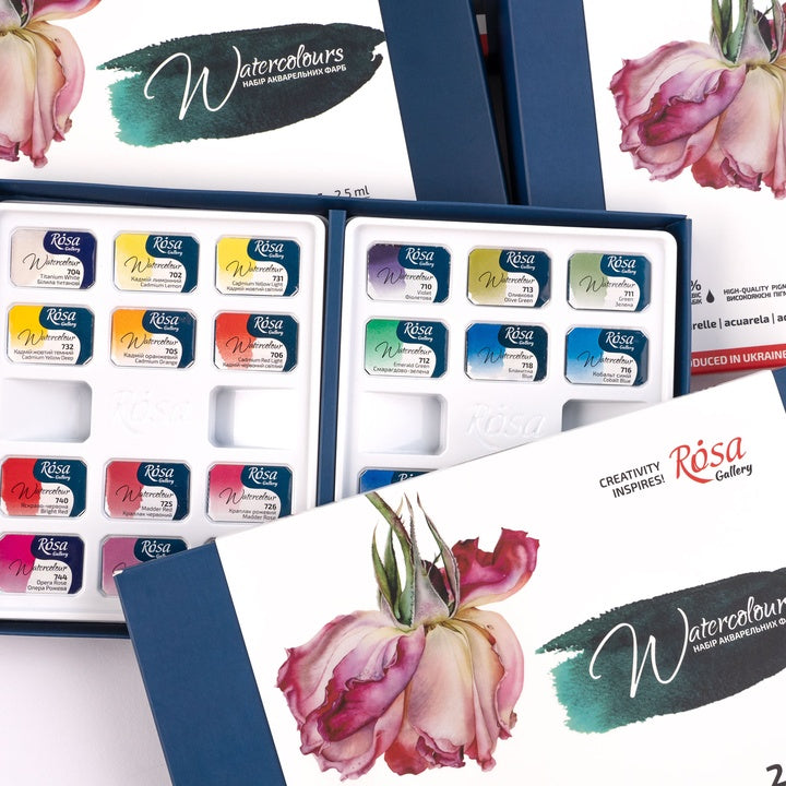 Комплект акварелни бои "Botanical", 24 цвята, цели блокчета, картон, ROSA GALLERY — изображение 4