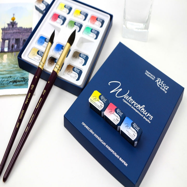 Комплект акварелни бои "Classic", 12 цвята, цели блокчета, картон, ROSA GALLERY — изображение 3