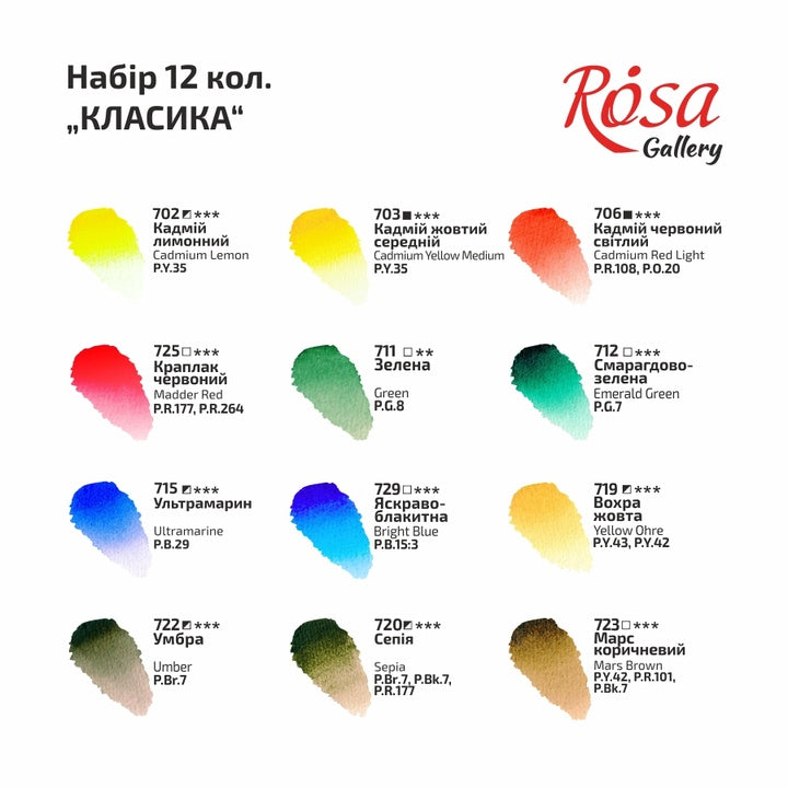 Комплект акварелни бои "Classic", 12 цвята, цели блокчета, картон, ROSA GALLERY — изображение 7