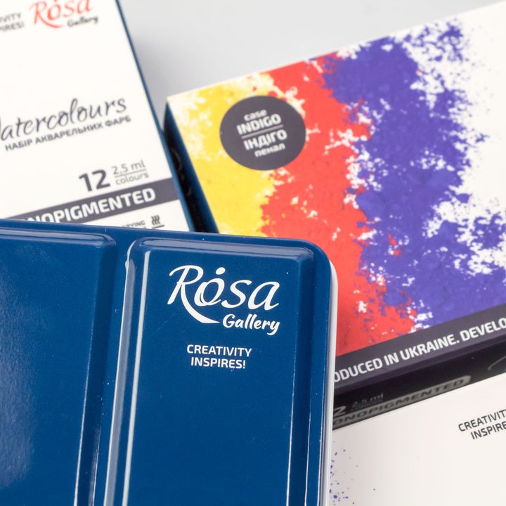 Комплект акварелни бои "Monopigmented" ROSA GALLERY, метална кутия, Indigo, 12 цвята, цели панички — изображение 4