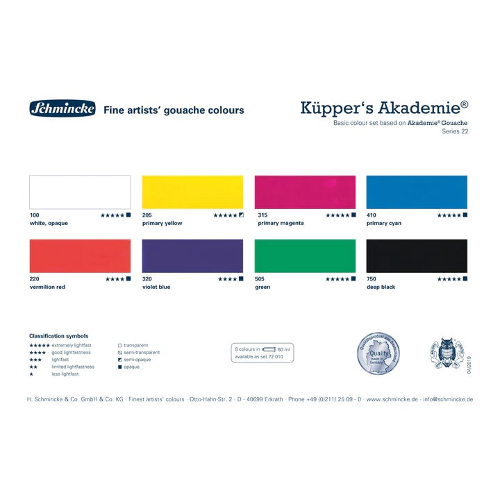 Комплект основни гвашови бои Schmincke AKADEMIE 8 x 60 ml — изображение 2